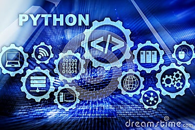 Python Programming Language On Server Room Background. Programing ...