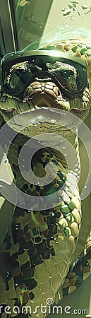 Python wearing AR glasses, soft focus, from above, in a modern lab setting , hyper realistic Stock Photo