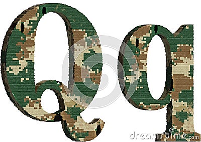 alphabet letter q uppercase and lowercase, abstract military camouflage texture font Cartoon Illustration