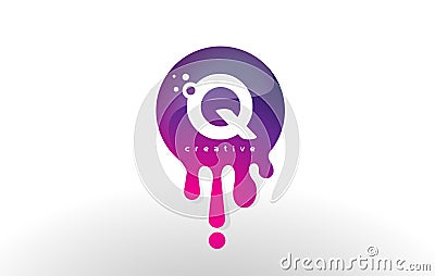 Q Letter Splash Logo. Purple Dots and Bubbles Letter Design Vector Illustration