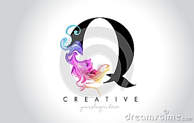 Q Vibrant Creative Leter Logo Design with Colorful Smoke Ink Flo Vector Illustration