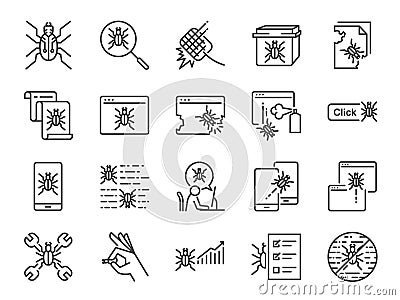 QA and Bug fix icon set. Included icons as bug report, computer virus, spyware, quarantine, quality assurance, Test Case and more. Vector Illustration