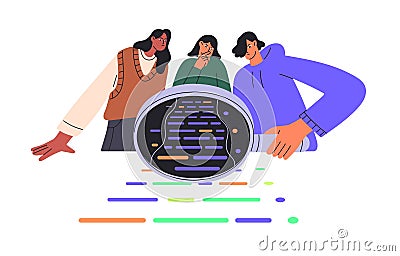 QA software engineer team with magnifying glass inspect code. Testers in teamwork find bugs in script. People search Vector Illustration