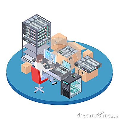 QA Tester at work. Woman testing software. Isometric quality assurance software analyst vector illustration Vector Illustration