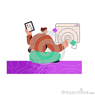 QA testing workflow concept. Tester work, review information structure. Worker checks algorithm, digital database. Young Vector Illustration