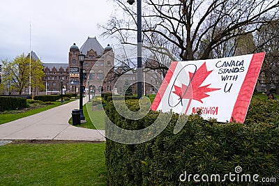 QAnon Sign at Ontario Legislative Building in Toronto, Ontario Editorial Stock Photo
