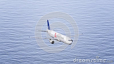 Qantas Airways airplane flying over the sea. Conceptual editorial 3D rendering Editorial Stock Photo