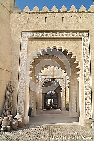 Qasr Al Sarab Hotel Abu Dhabi, Entrance to arabic style Desert Hotel and Resort in Al Mirayr, Abu Dhabi, United Arab Emirates Stock Photo