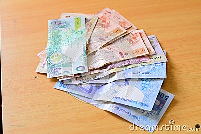 Qatar currency notes QR 500 to 5 one of the strongest currency in the world in the year 2/8/2019 Editorial Stock Photo