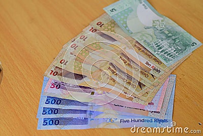 Qatar currency notes QR 500 to 5 one of the strongest currency in the world in the year 2/8/2019 Editorial Stock Photo