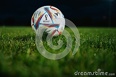 QATAR, DOHA, 18 JULY, 2022: Official Adidas Fifa World Cup Football Ball Al Rihla. World Championship in Qatar 2022. Soccer Match Editorial Stock Photo