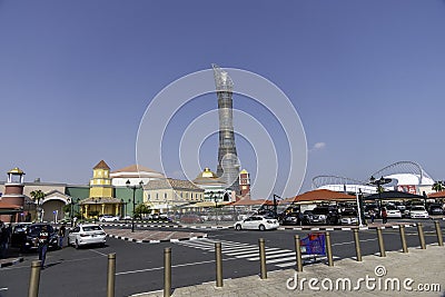 Qatar, Doha, The Torch Tower, Khalifa International Stadium and Villaggio Mall Editorial Stock Photo
