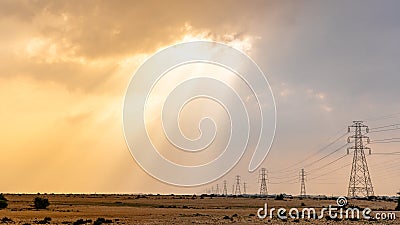 Qatar landscape Electricity transmission towers Stock Photo