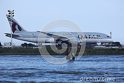 Qatar Airplane landing in Venice Marco Polo Airport VCE Editorial Stock Photo