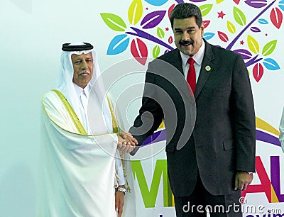 Qatar's Deputy Prime Minister Ahmad Abdullah Al Mahmoud and Venezuelan President Nicolas Maduro Editorial Stock Photo