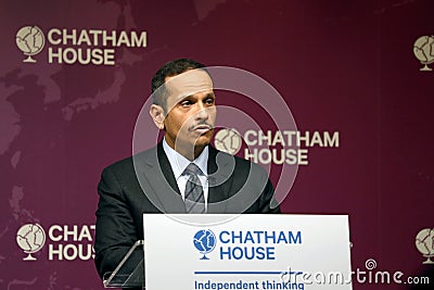 Qatarâ€™s foreign affairs minister Sheikh Mohammed Bin Abdulrahman Al-Thani speaking at Chatham House, London on 17 February, 2022 Editorial Stock Photo
