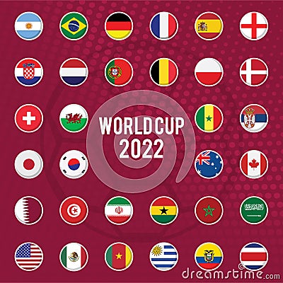 Round Flags with white border of all participating countries of Qatar world cup Vector Illustration