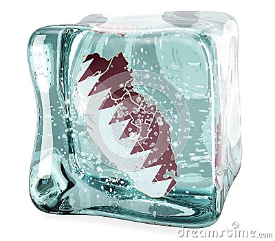 Qatari map frozen in ice cube, 3D rendering Stock Photo