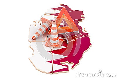 Qatari map with traffic cones and warning triangle, 3D rendering Stock Photo