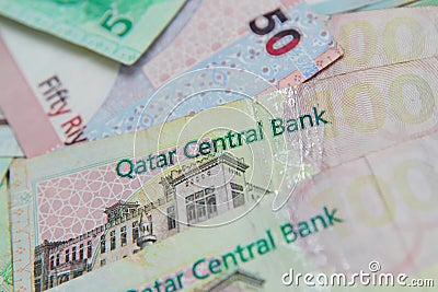 Qatari riyals, Qatari paper currency Stock Photo