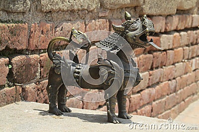 Qilin asian mythological statue in Bhaktapur, Nepal Stock Photo