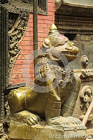 Asian mythological animal qilin guard statue in Kathmandu, Nepal Stock Photo