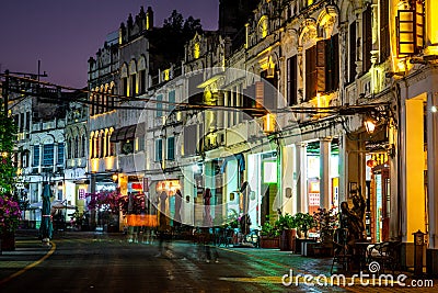 Qilou or Zhongshan old street scenic view illuminated at night with colonial buildings in Haikou old town Hainan China Editorial Stock Photo