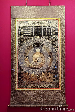 Qing Dynasty Qianglong Antique Buddhism Vishvabhu Buddha Tibet Tashi Lhumpo Monastery Tibetan Colorful Religious Arts Painting Stock Photo