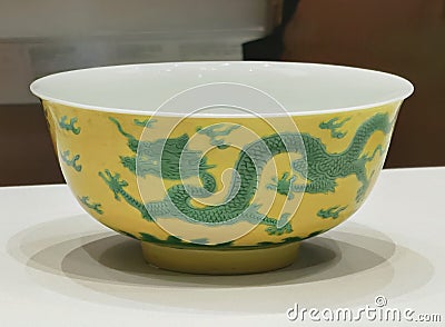 Qing Dynasty Qianlong Porcelain Yellow Base Green Dragon Bowl Overglaze Enamels Palace Museum Imperial Ceramics Empress Utensil Editorial Stock Photo