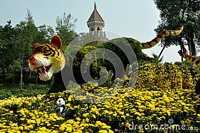 Qingbaijiang, China: Flower Festival Topiary Tiger Editorial Stock Photo
