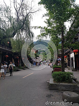 Qingcheng Ancient Town, people on the streets of Guzhen Editorial Stock Photo