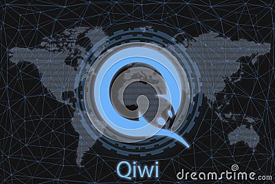 Qiwi Abstract Cryptocurrency. With a dark background and a world map. Graphic concept for your design Stock Photo