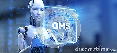 QMS Quality Management System Optimizing Quality Control Illustrated with a Robot Pressing a Button on a Virtual Screen. 3D render Stock Photo
