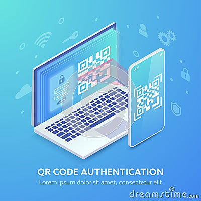 QR Code authentication website isometric concept. QR code and login form on laptop screen, smartphone scanning barcode Vector Illustration