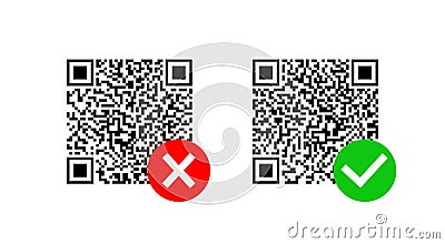 QR code with check and cross. Icon of barcode for sanitary control and identification. Scan of pass from vaccination certificate. Vector Illustration