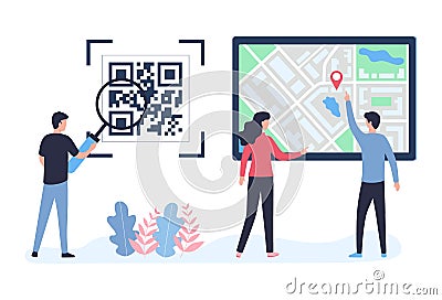 QR code concept. Navigation using code scanning. Young people scan and look for a road on a city map. Flat vector illustration Vector Illustration