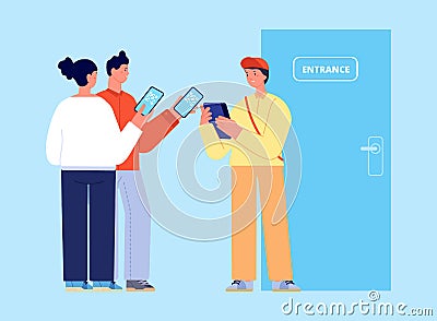 QR code control. Vaccination identification, people with barcodes for entrance. Controller checks personal codes for Vector Illustration