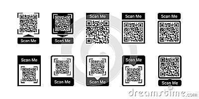 Qr code frame vector set. Scan me phone tag. Barcode smartphone id icon. Cellphone qrcode banner. Mobile payment and identity Stock Photo