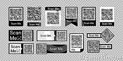 Qr code frame vector set. Scan me phone tag. Qr code mock up, mockup. Barcode smartphone id icon. Cellphone qrcode banner. Mobile Stock Photo