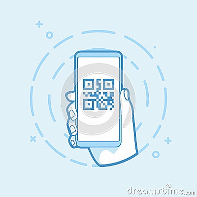 QR code icon on smartphone screen. Hand holding smartphone. Modern outline object. Vector Illustration