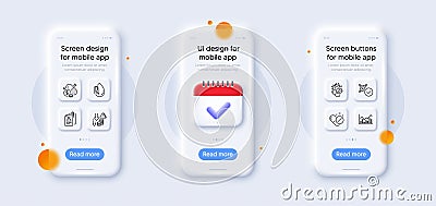 Qr code, Infochart and Interview documents line icons pack. For web app. 3d phone mockups. Vector Vector Illustration