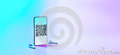Qr code mobile. Digital smart phone with qr code scanner on smartphone screen for online pay, scan barcode technology on Stock Photo