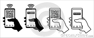 QR code mobile phone scan illustration. Mobile phone account payment. Hand holding phone scanning QR code. Quick response codes Vector Illustration