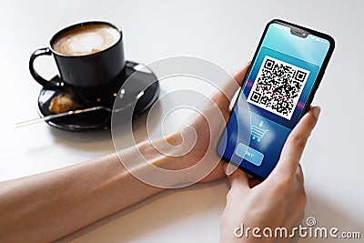 QR code mobile phone scan on screen. Business and technology concept. Stock Photo