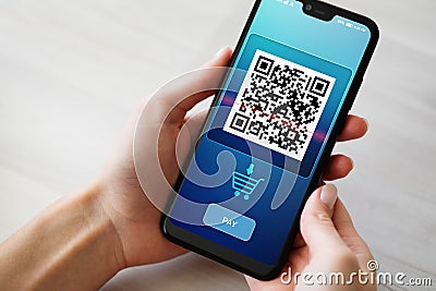 QR code mobile phone scan on screen. Business and technology concept. Stock Photo