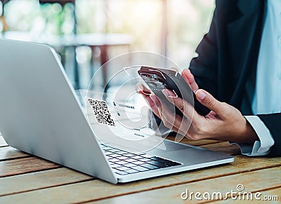 QR Code, multi factor authentication security concept. Digital scanner, graphic symbol on smartphone camera lens. Stock Photo