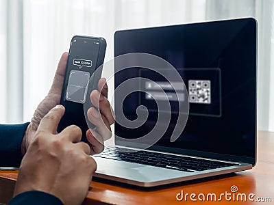 QR Code, multi factor authentication security concept. Digital scanner on smartphone camera lens frame with text, scan for login, Stock Photo