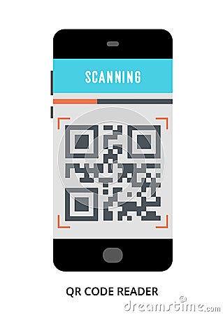 QR Code Reader concept on black smartphone with different user interface elements Vector Illustration