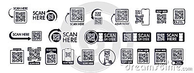 QR code scan icon set and collection for mobile apps and payments. Vector Illustration