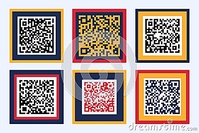 QR code scan icon set for smartphone scanning, marketing, mobile app. Collection of modern colourful QR codes Vector Illustration
